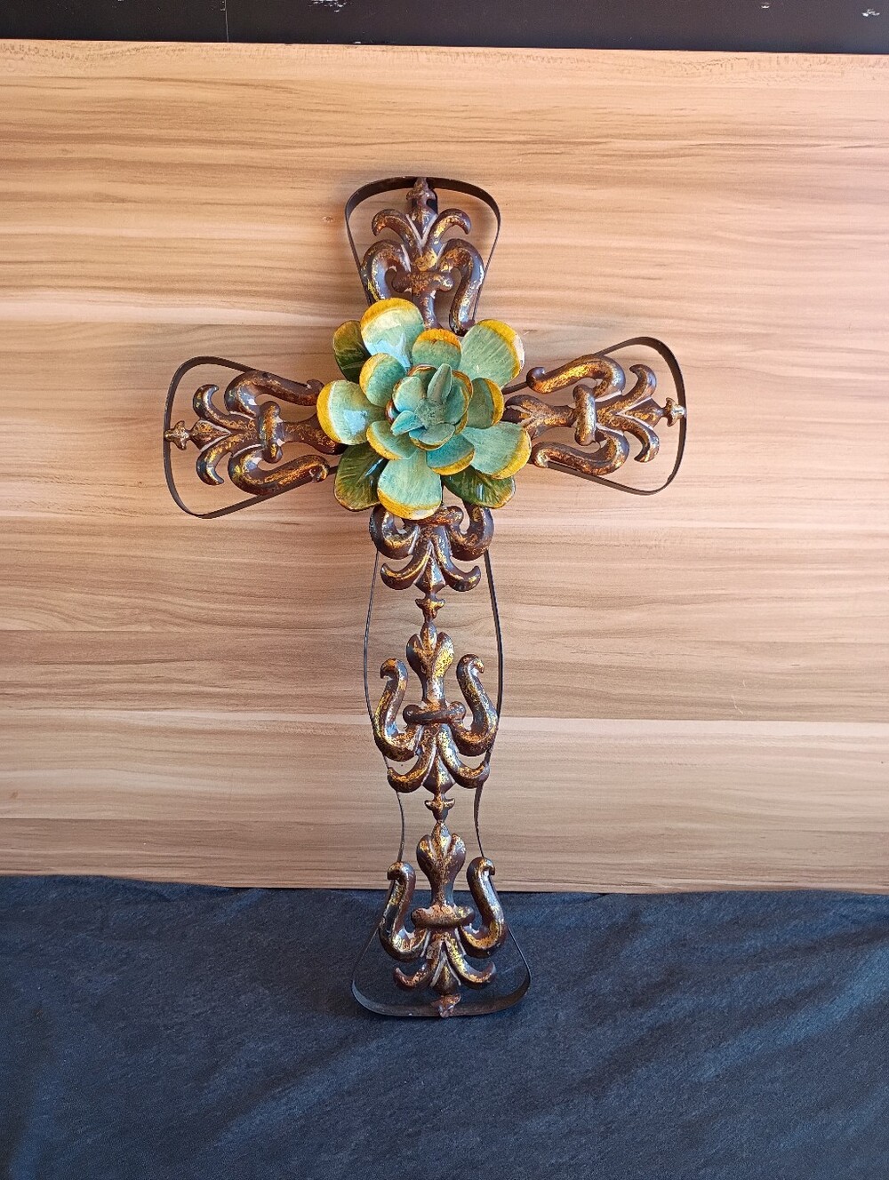 Decorative Metal Wall Cross with Green and Yellow Floral Accent